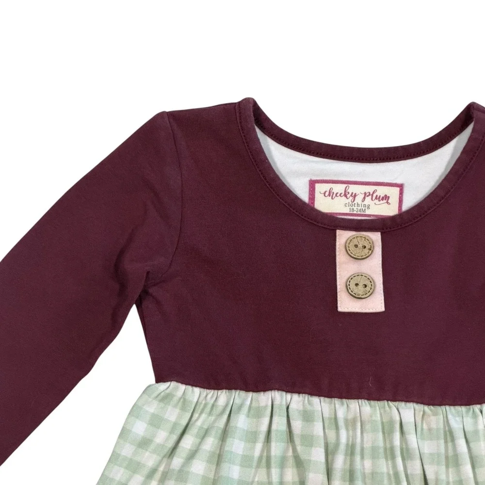 Cheeky Plum Girls 18-24M Burgundy Floral Gingham Tiered Ruffle Long Sleeve Dress